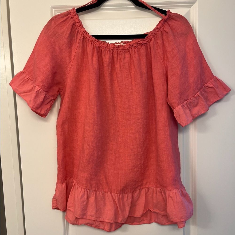 TERZO MILLENNIO 100% Linen Italy Short Sleeve Ruffle Top Coral Women’s Large